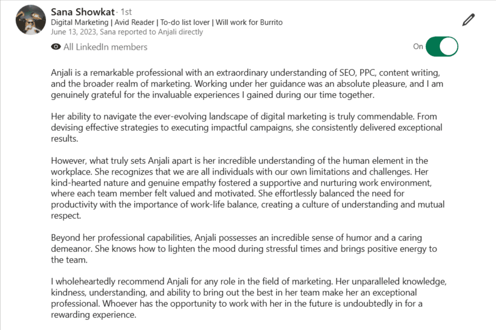 Client testimonial screenshot