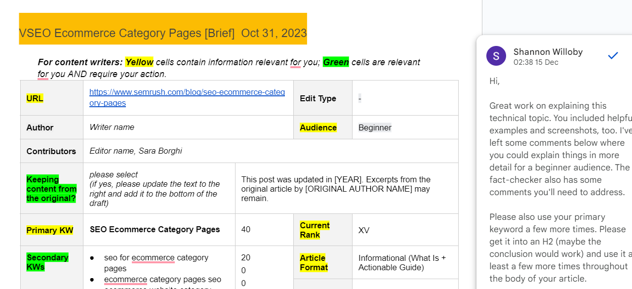 Cropped Semrush editor feedback on a technical ecommerce SEO article